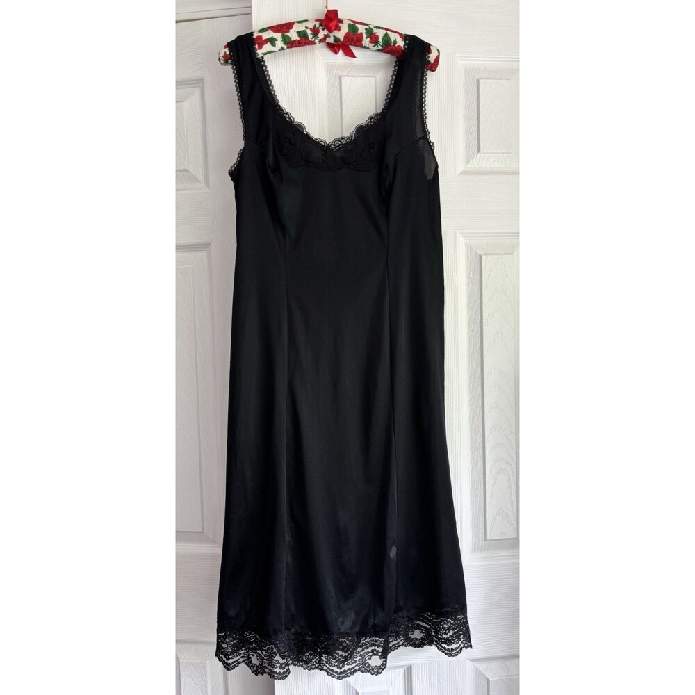 Vintage Petticoat Junction Midi Slip Dress 36 Black Lace Trim Goth Coquette Glam